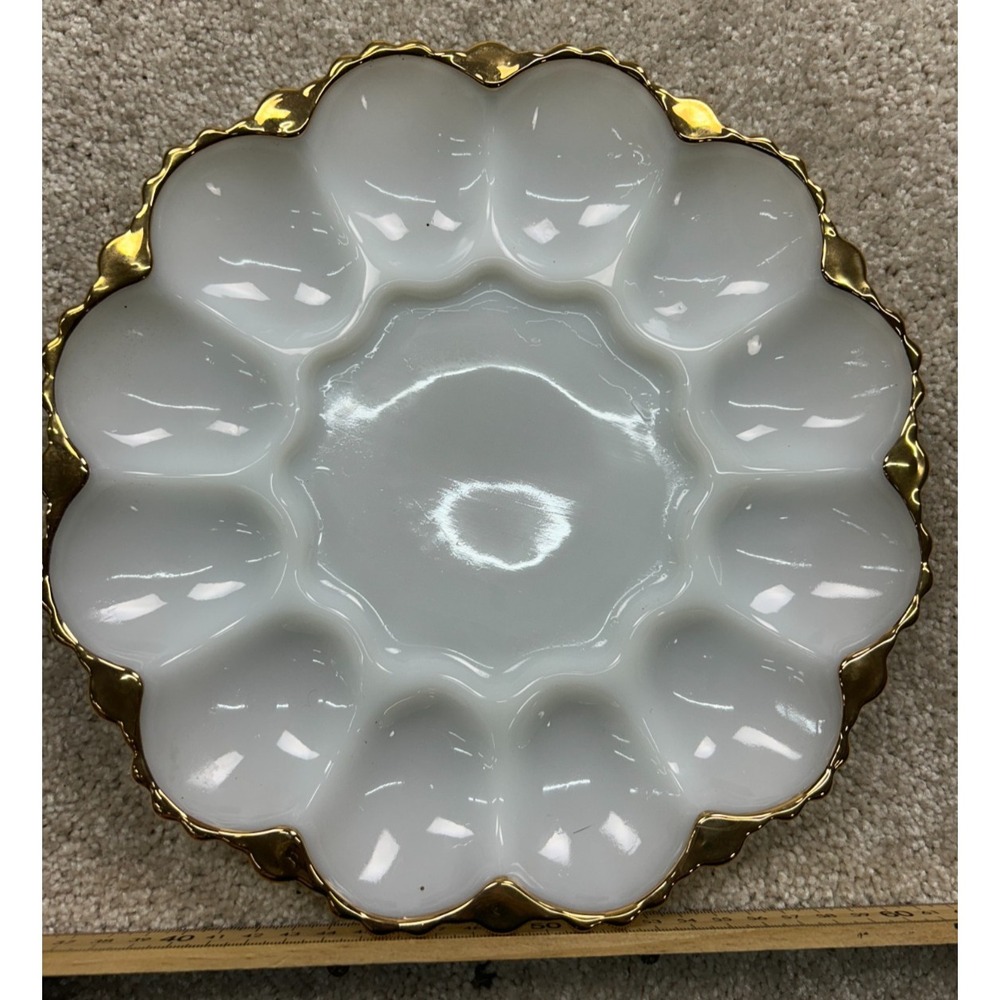 Vintage Fire King Milk Glass Deviled Egg Plate 10" Gold Trim Anchor Hocking